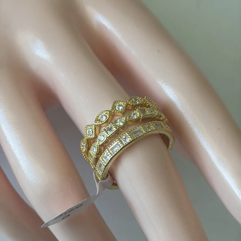 Set of 3 Stacking Rings Gold Plated 925 Sterling Silver Rings CZ Sones Sz. 8
